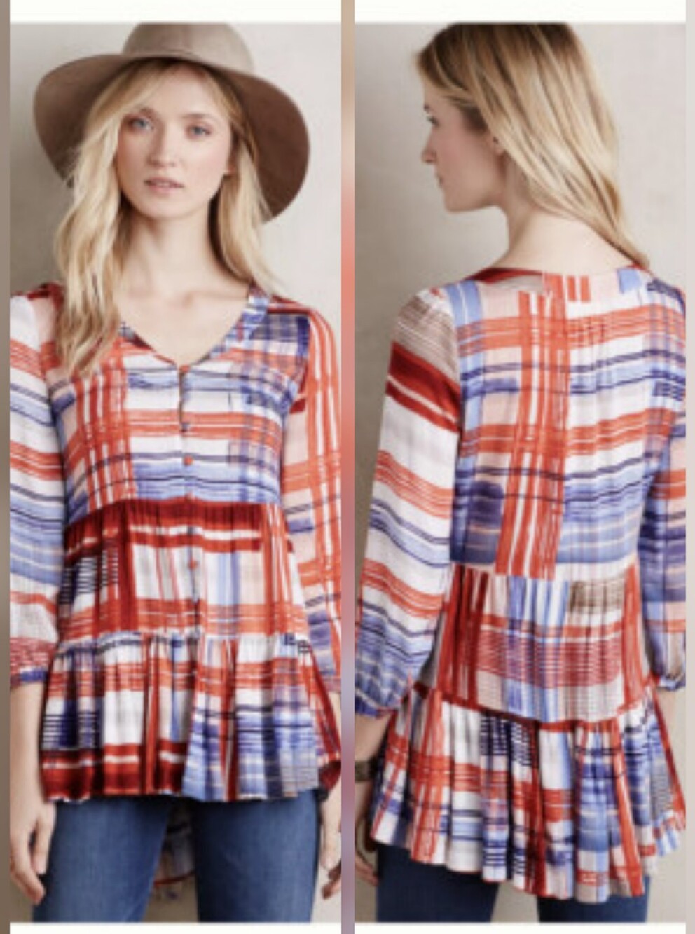 Anthropologie Maeve Lila Plaid Tiered Baby Doll Top - Size XS